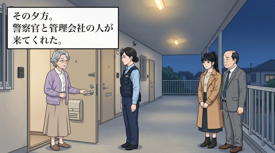 その夕方。警察官と管理会社の人が来てくれた。