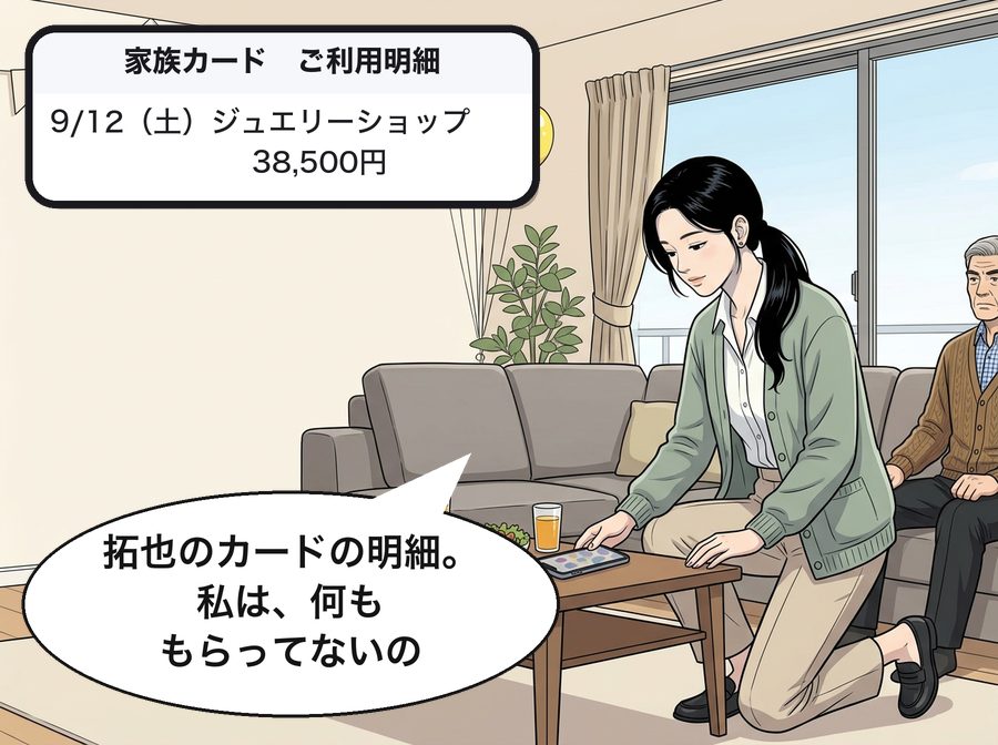 家族カード　ご利用明細：9/12（土）ジュエリーショップ 　　　　　　　38,500円 結衣「拓也のカードの明細。私は、何ももらってないの」