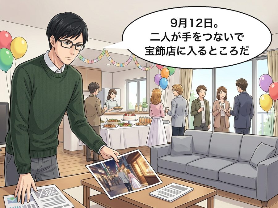 健吾「9月12日。二人が手をつないで宝飾店に入るところだ」