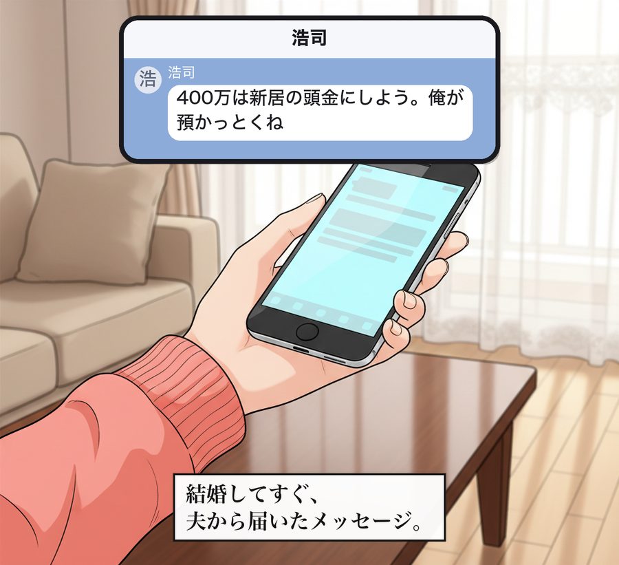 浩司：浩司「400万は新居の頭金にしよう。俺が預かっとくね」 結婚してすぐ、夫から届いたメッセージ。