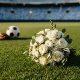 スタジアムの芝生に置かれたウエディングブーケとサッカーボール・グローブ(イメージ)