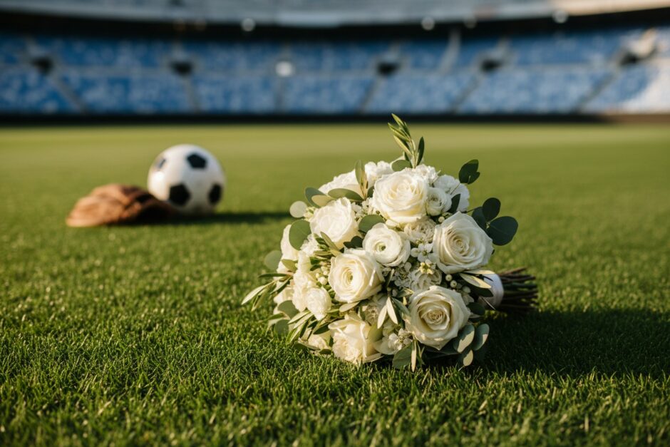 スタジアムの芝生に置かれたウエディングブーケとサッカーボール・グローブ（イメージ）