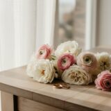 白とピンクの花束と2つの結婚指輪（イメージ）