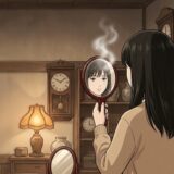 古道具屋で古い手鏡をのぞき込む女性。鏡の上で白いもやが揺れている（漫画の1コマ）