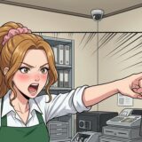 「私、見たんです」と主人公を指さす新人パート（漫画の1コマ）