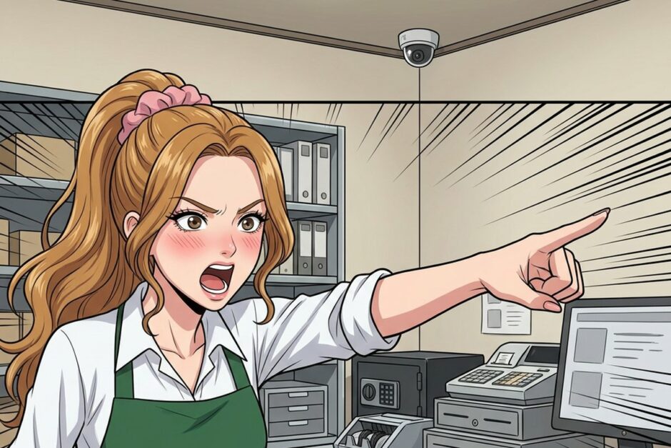 「私、見たんです」と主人公を指さす新人パート（漫画の1コマ）