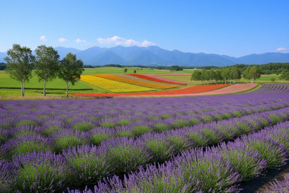 夏の北海道のラベンダー畑と花の丘（イメージ）