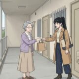 おすそ分けの紙袋を手渡す隣人と主人公（漫画の1コマ）
