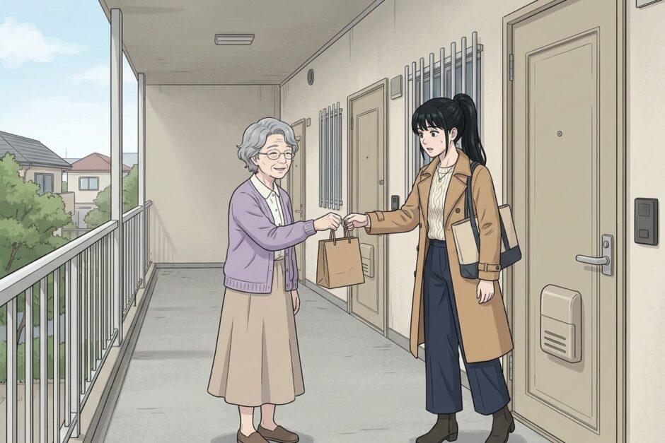 おすそ分けの紙袋を手渡す隣人と主人公（漫画の1コマ）