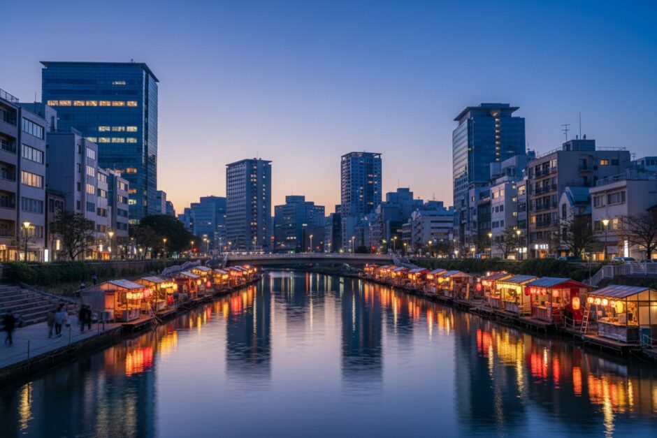 夜の中洲の屋台と那珂川（イメージ）